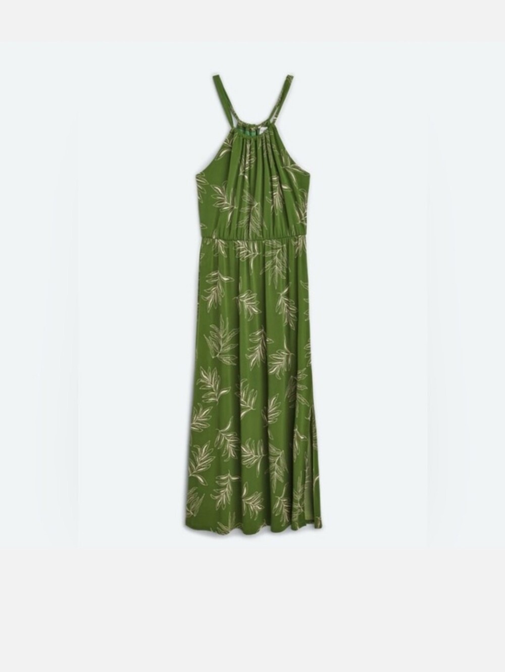 Kaileigh Olive Green Midi Dress with Cream Leaf Print Size Medium Petite